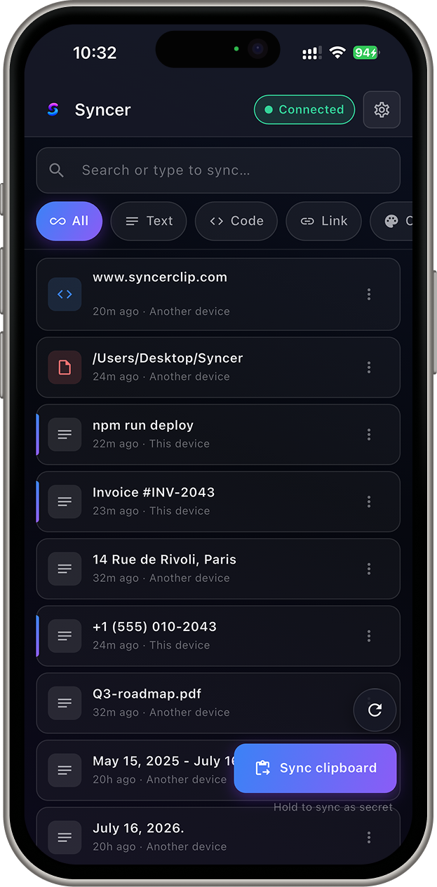 Syncer app on iPhone: searchable clipboard history synced across devices, with type filters and a Sync clipboard button